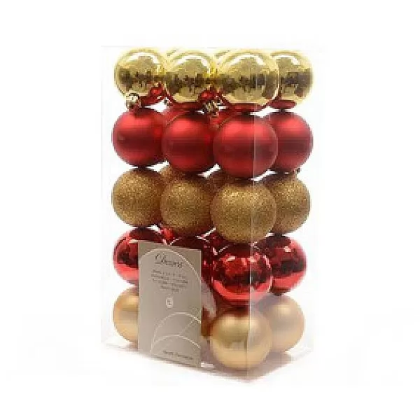 Decoris Kerstballen Kunststof Goud/Rood 6Cm 30St> Kerstballen