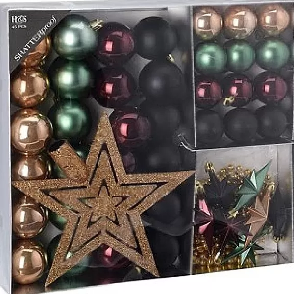 House & Style Kerstballen Versierset Kunststof 45 Delig Groen/Goud/Marsala/Zwart> Kerstballen