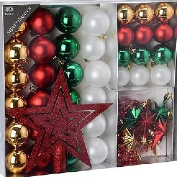 House & Style Kerstballen Versierset Kunststof 45 Delig Klassieke Kerstkleuren> Kerstballen