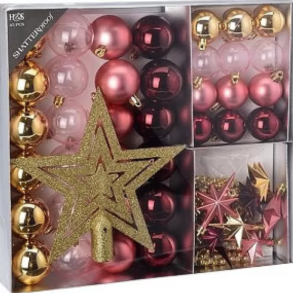 House & Style Kerstballen Versierset Kunststof 45 Delig Roze/Goud/Marsala> Kerstballen